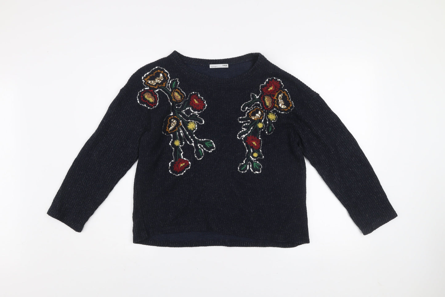 Zara Women’s Black Floral Embroidered Sequin Knit Jumper Size S
