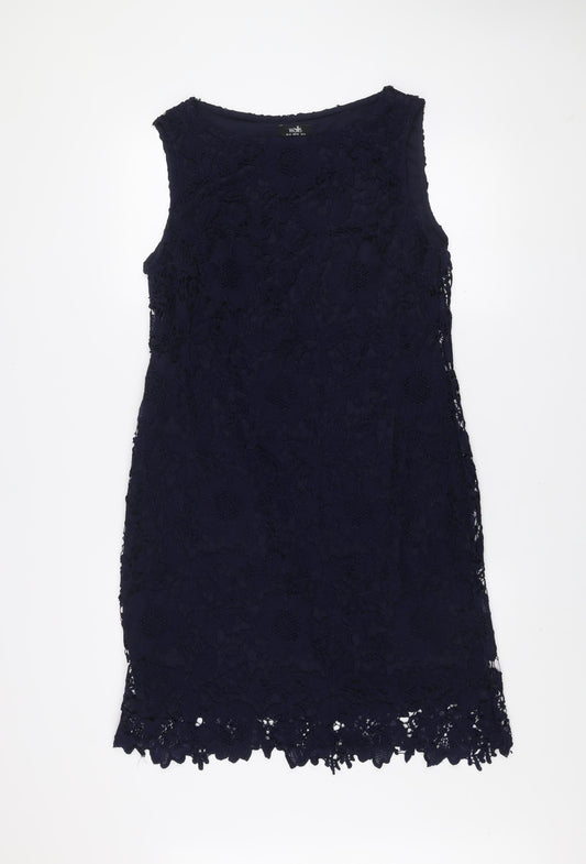 Wallis Women's Blue Lace Shift Dress Size 14 Sleeveless Knee Length
