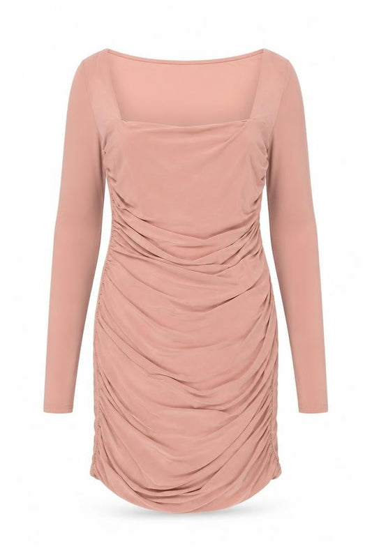 Premier Glam Women’s Beige Ruched Bodycon Dress Size 10 Long Sleeve Party
