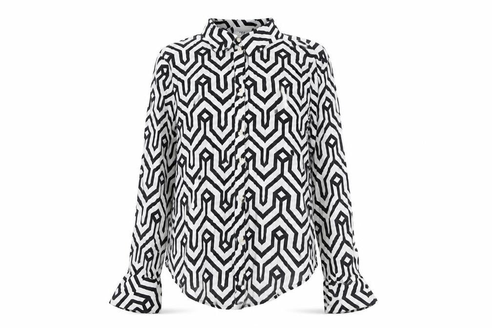 VILA Women's Black White Geometric Button-Up Long Sleeve Shirt Size 8