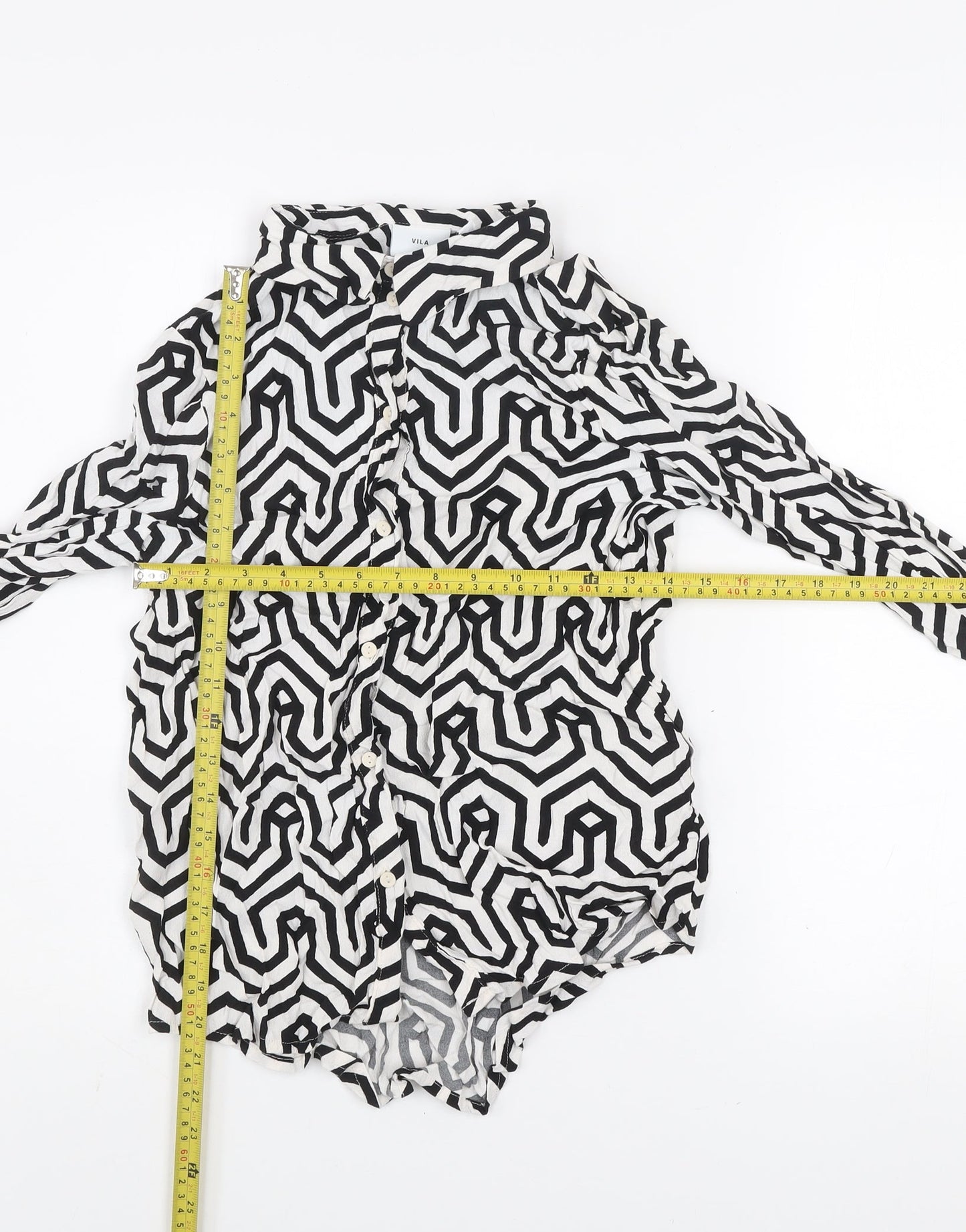 Vila Women's Black White Geometric Button-Up Long Sleeve Shirt Size 8
