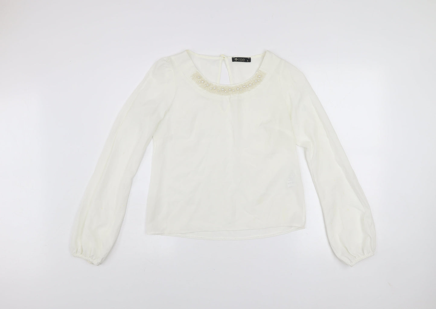 Rise Women’s Ivory Beaded Neck Long Sleeve Chiffon Blouse Size 8