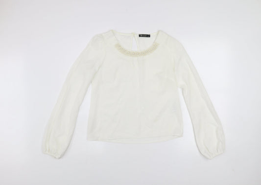 Rise Women’s Ivory Beaded Neck Long Sleeve Chiffon Blouse Size 8