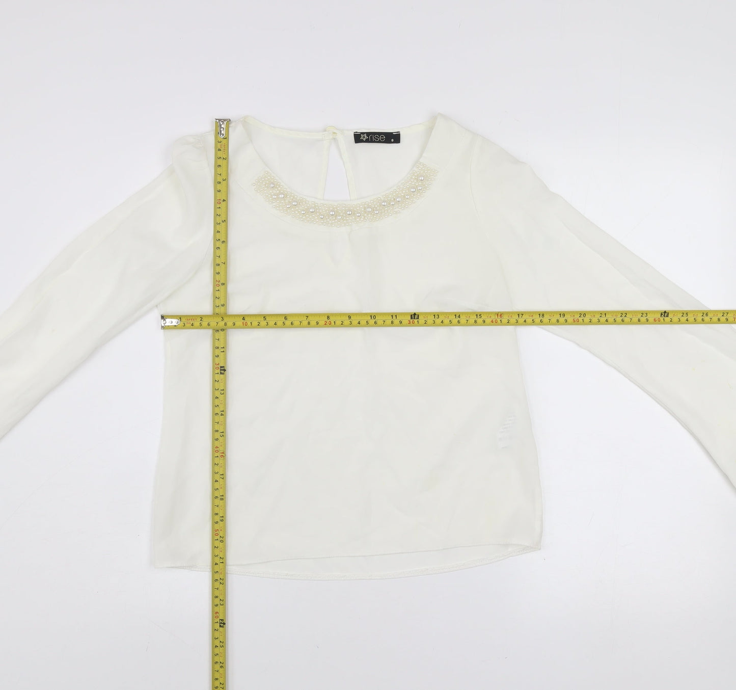 Rise Women’s Ivory Beaded Neck Long Sleeve Chiffon Blouse Size 8