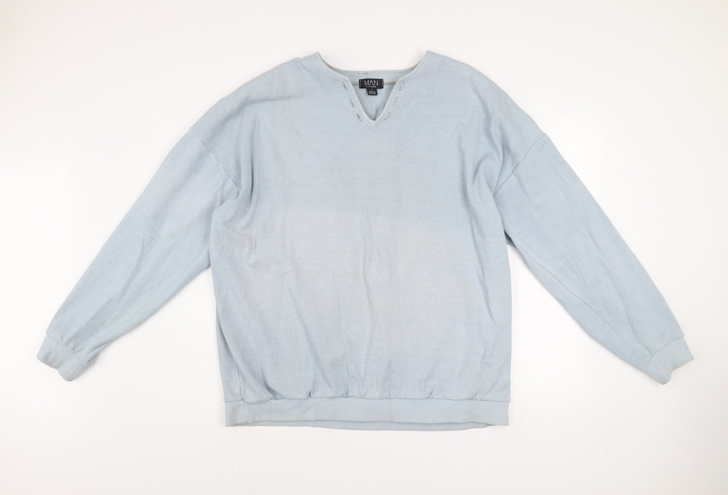 boohooMAN Men's Blue V-Neck Graphic Sweatshirt Size L Relaxed Fit