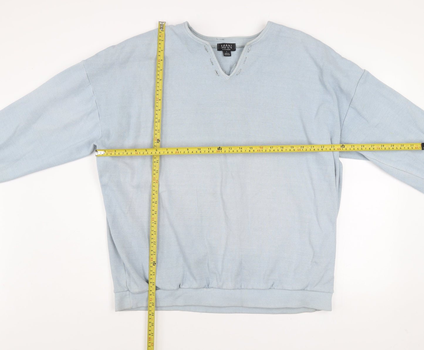 boohooMAN Men's Blue V-Neck Graphic Sweatshirt Size L Relaxed Fit