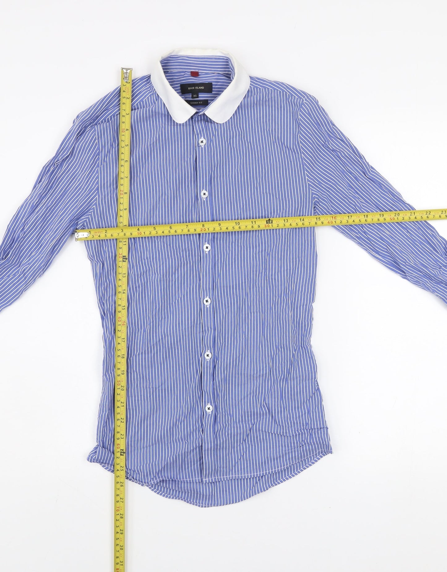 River Island Men's Blue Striped Skinny Fit Long Sleeve Button-Up Shirt XS