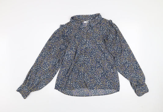 ONLY Women's Blue Floral Ruffle Blouse M Long Sleeve Tunic Style