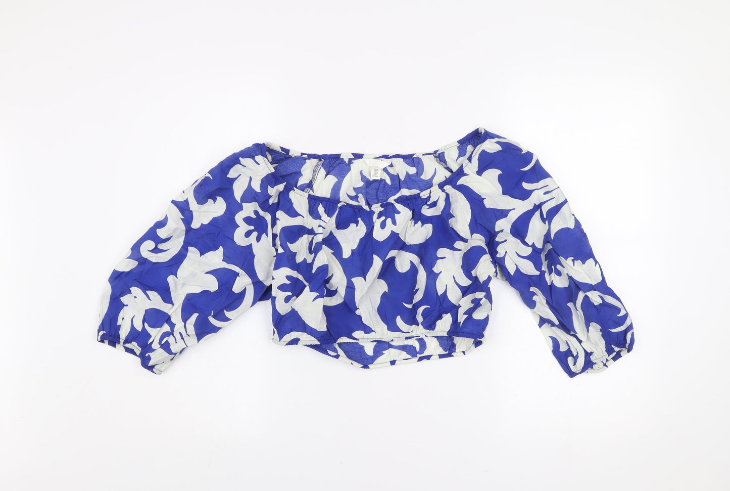 H&M Women's Blue Floral Off Shoulder Cropped Blouse Size 12