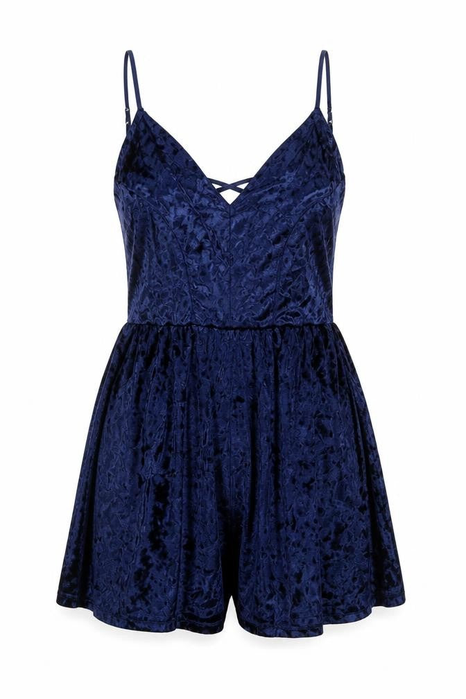 Primark Women's Blue Velvet V-Neck Playsuit Size 10