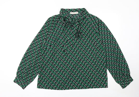 Rowen Avenue Womens Green Geometric Bow Neck Long Sleeve Blouse M