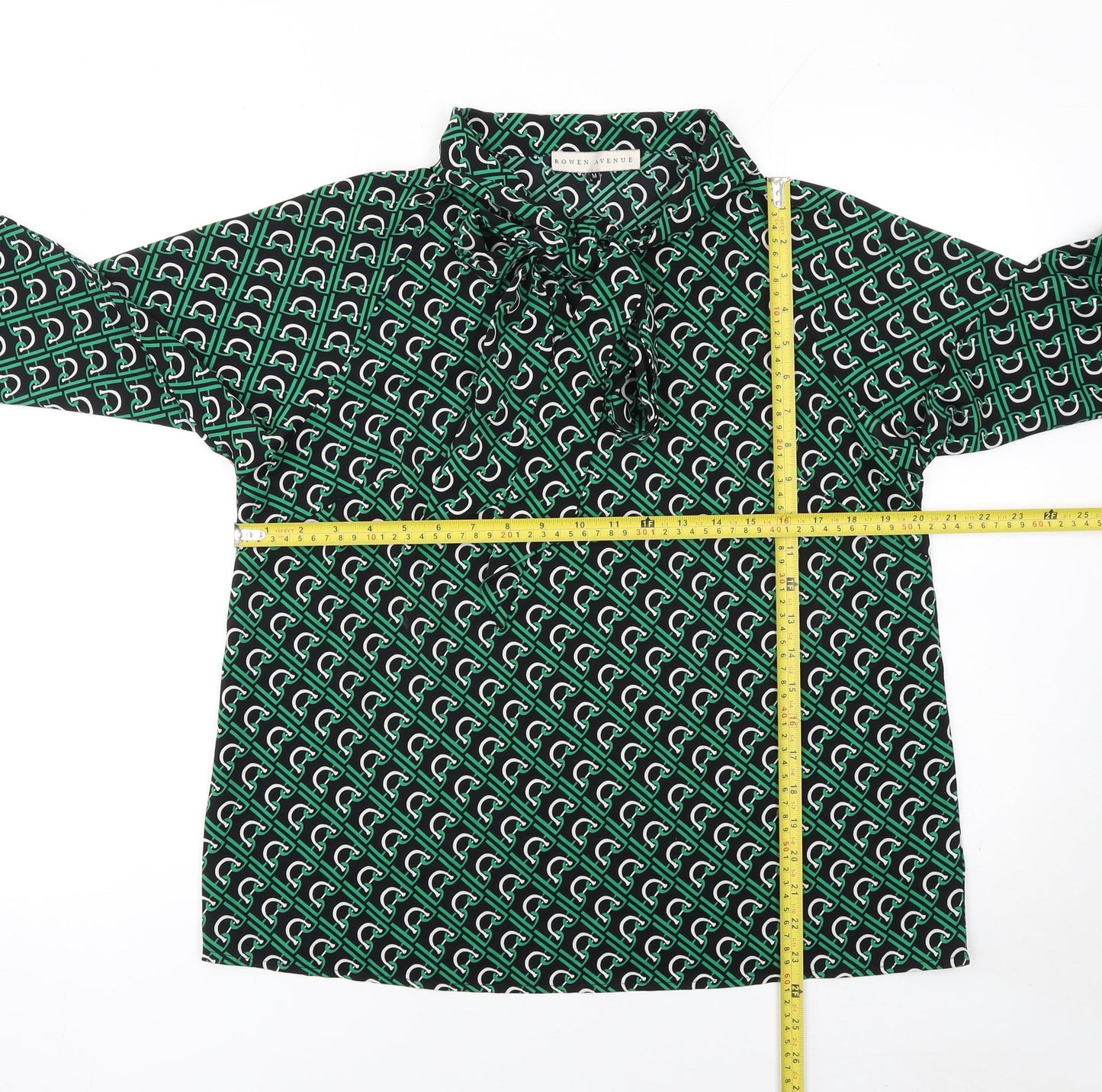 Rowen Avenue Womens Green Geometric Bow Neck Long Sleeve Blouse M