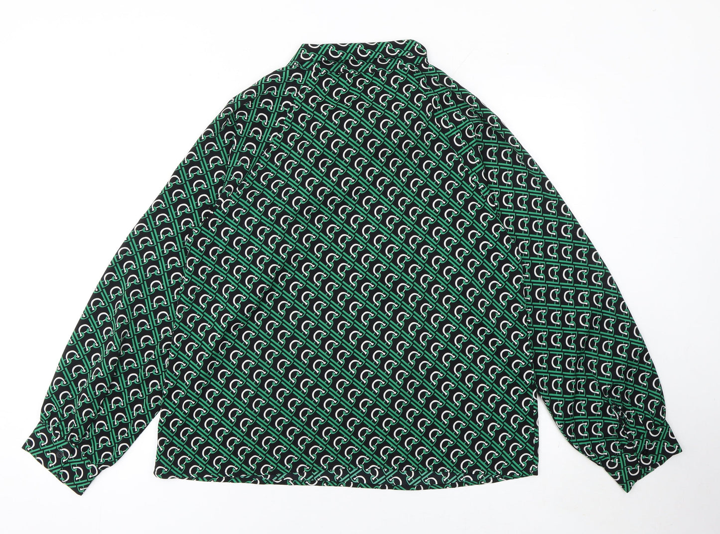 Rowen Avenue Womens Green Geometric Bow Neck Long Sleeve Blouse M