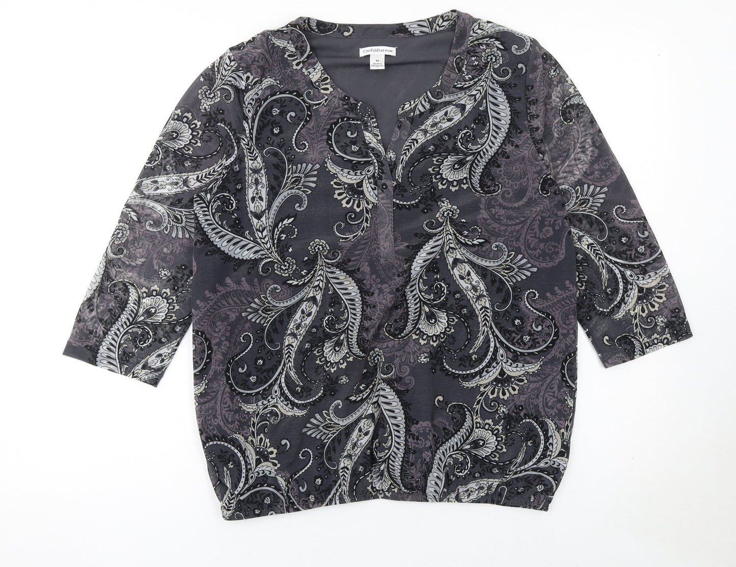 Croft & Barrow Women’s Grey Paisley Beaded 3/4 Sleeve Tunic Blouse Size M