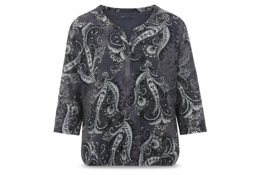 Croft & Barrow Women’s Grey Paisley Beaded 3/4 Sleeve Tunic Blouse Size M