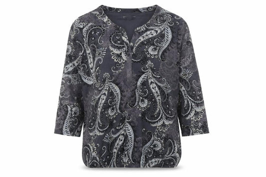 Croft & Barrow Women’s Grey Paisley Beaded 3/4 Sleeve Tunic Blouse Size M