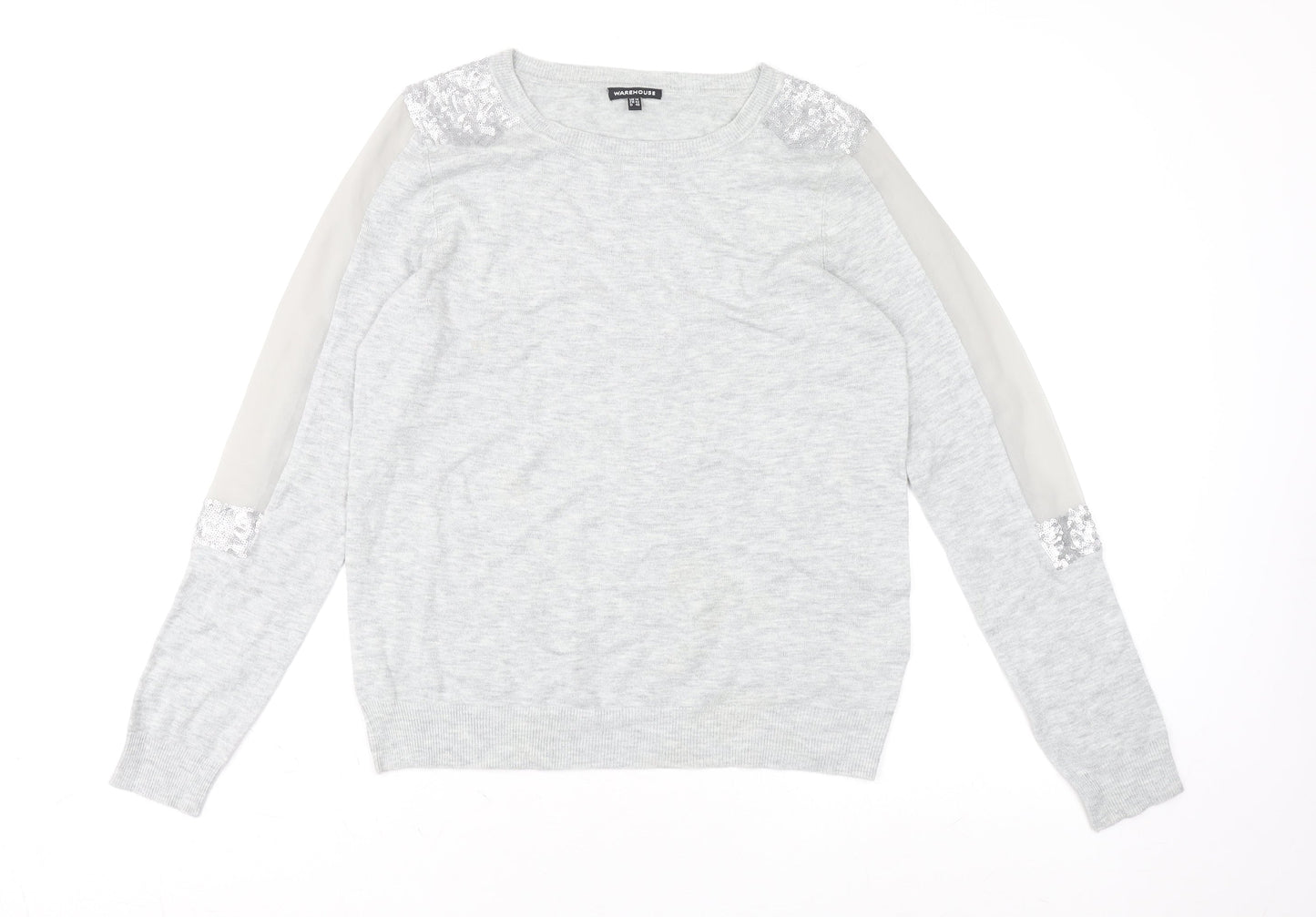 Warehouse Women’s Grey Sequin Shoulder Long Sleeve Jersey Top UK 14