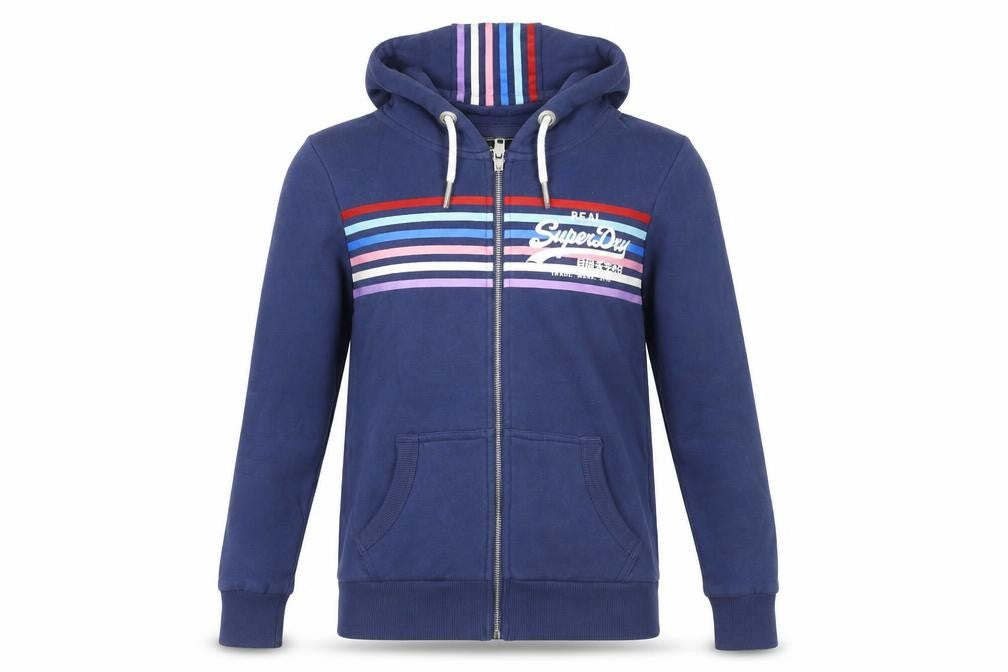 Superdry Unisex Blue Full Zip Hoodie UK 10 Classic Stripe Logo Design