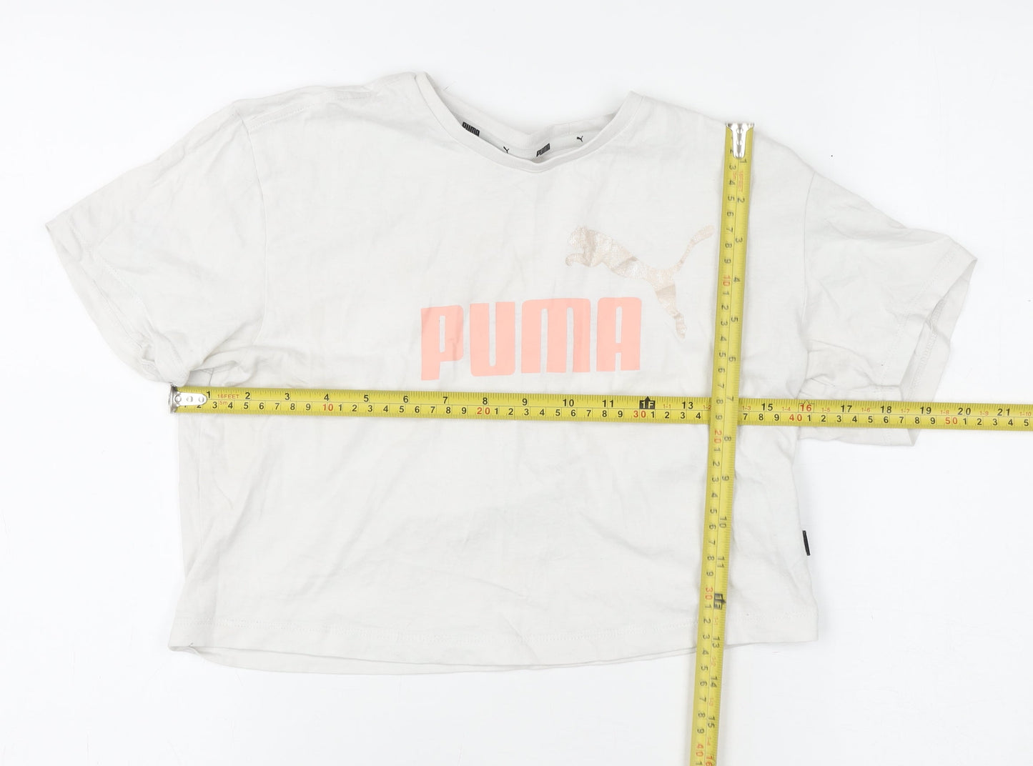 Puma Girls Ivory Cropped Logo T-Shirt 9-10 Years Short Sleeve Cotton