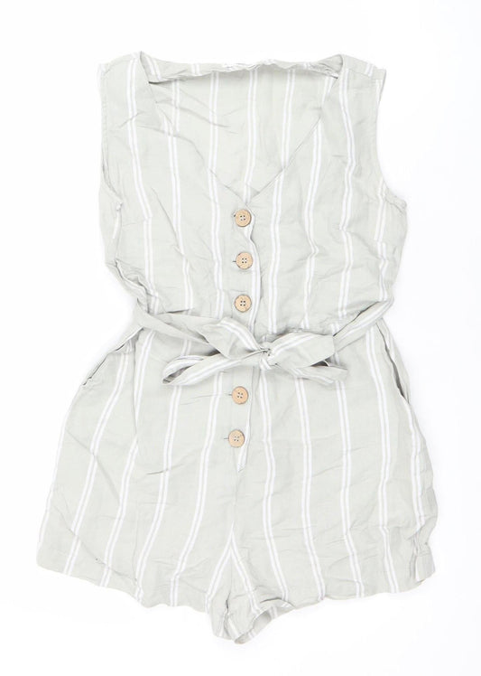 Mango Women Beige Striped Linen Viscose Tie Front Sleeveless Playsuit XS