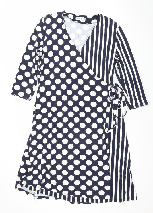 Gallery Women’s Blue Polka Dot Wrap Dress Size 16 V-Neck Jersey