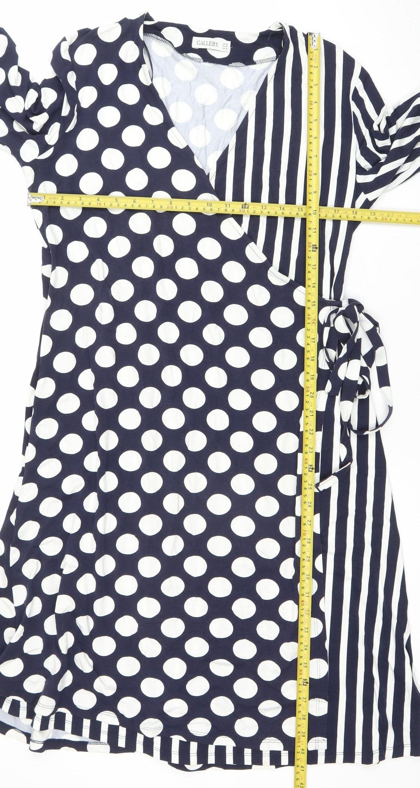 Gallery Women’s Blue Polka Dot Wrap Dress Size 16 V-Neck Jersey