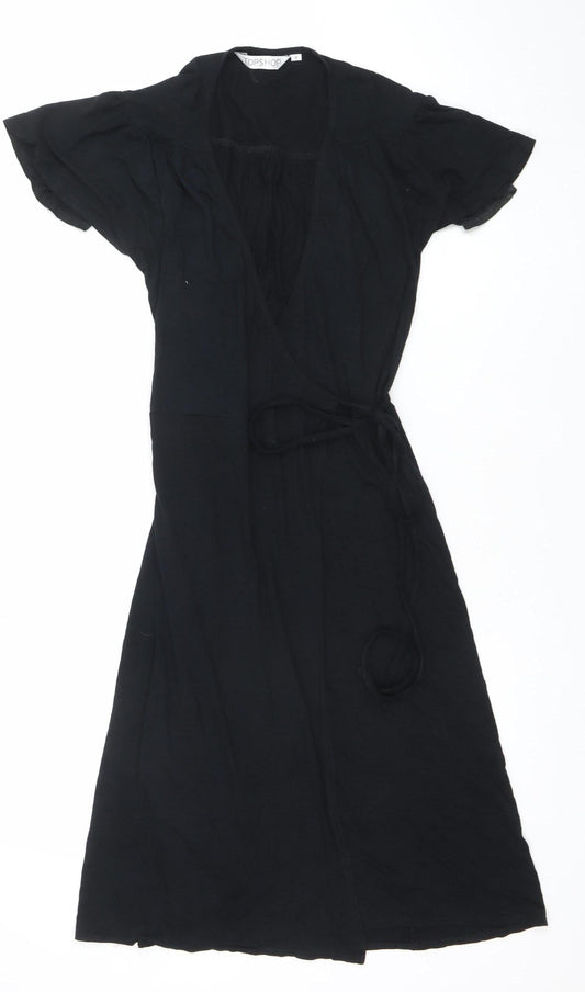 Topshop Women’s Black V-Neck Wrap Midi Dress Size 8