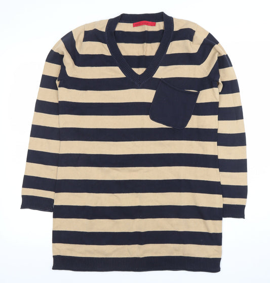 Next Women Beige Black Striped V-Neck Knit Sweater Dress Size 14