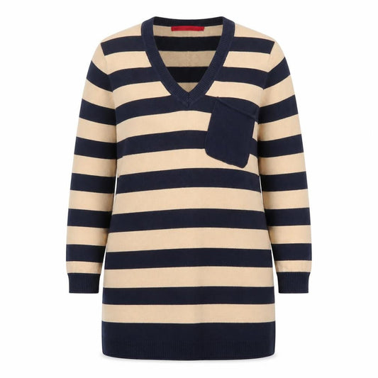 Next Women Beige Black Striped V-Neck Knit Sweater Dress Size 14