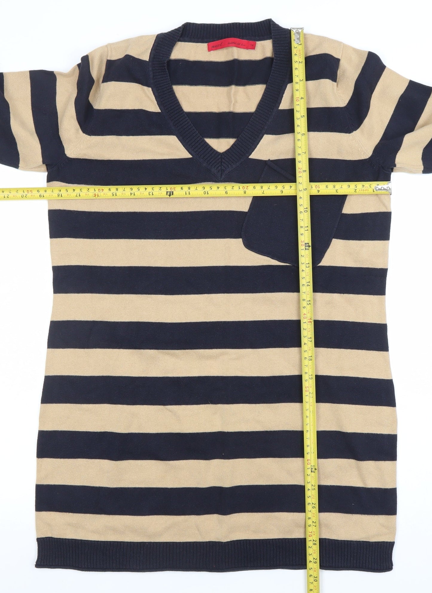 Next Women Beige Black Striped V-Neck Knit Sweater Dress Size 14