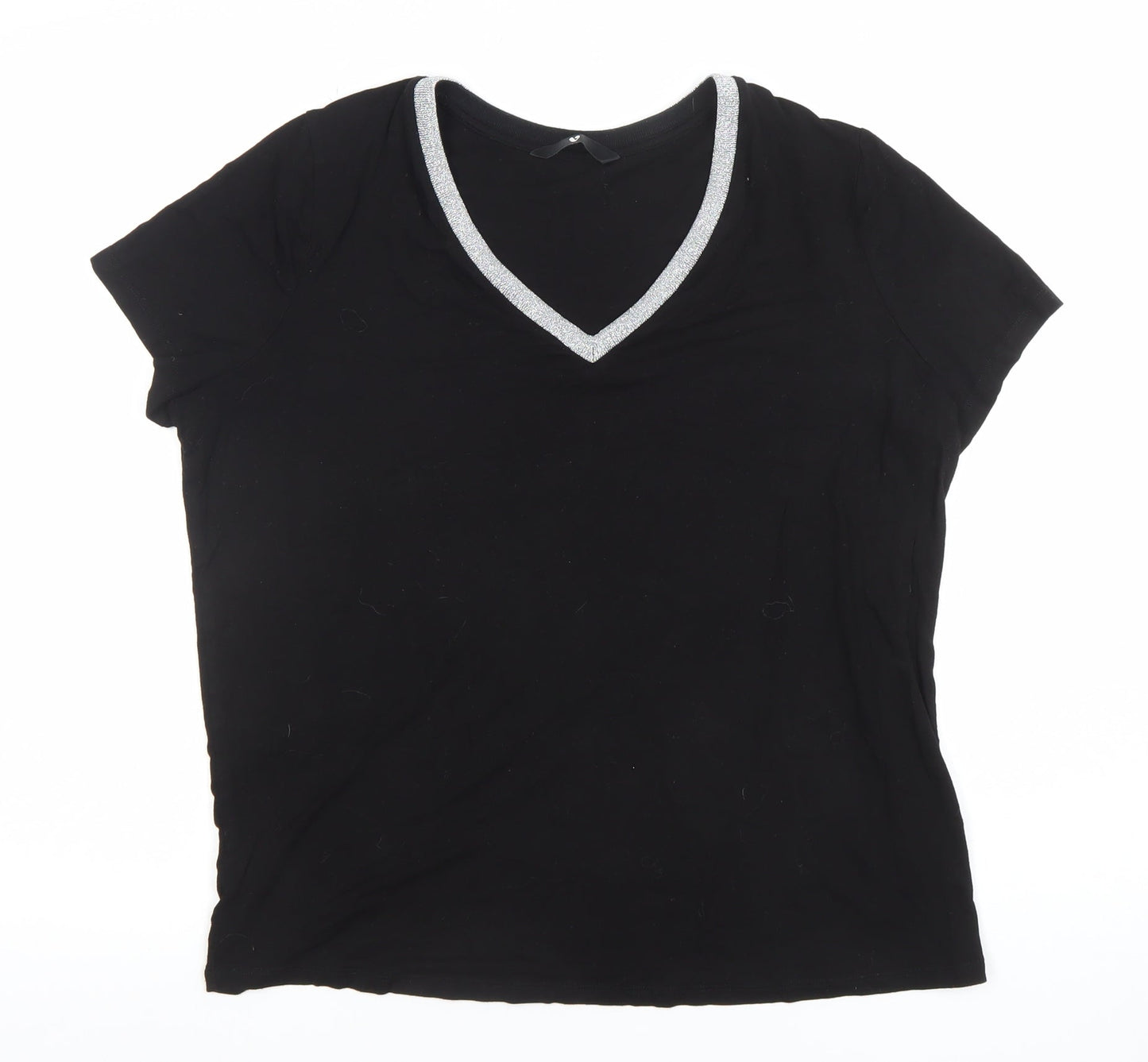 Very Women’s Black Glitter Neckline V-Neck Short Sleeve T-Shirt Size 14