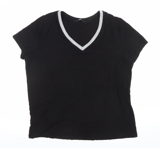 Very Women’s Black Glitter Neckline V-Neck Short Sleeve T-Shirt Size 14