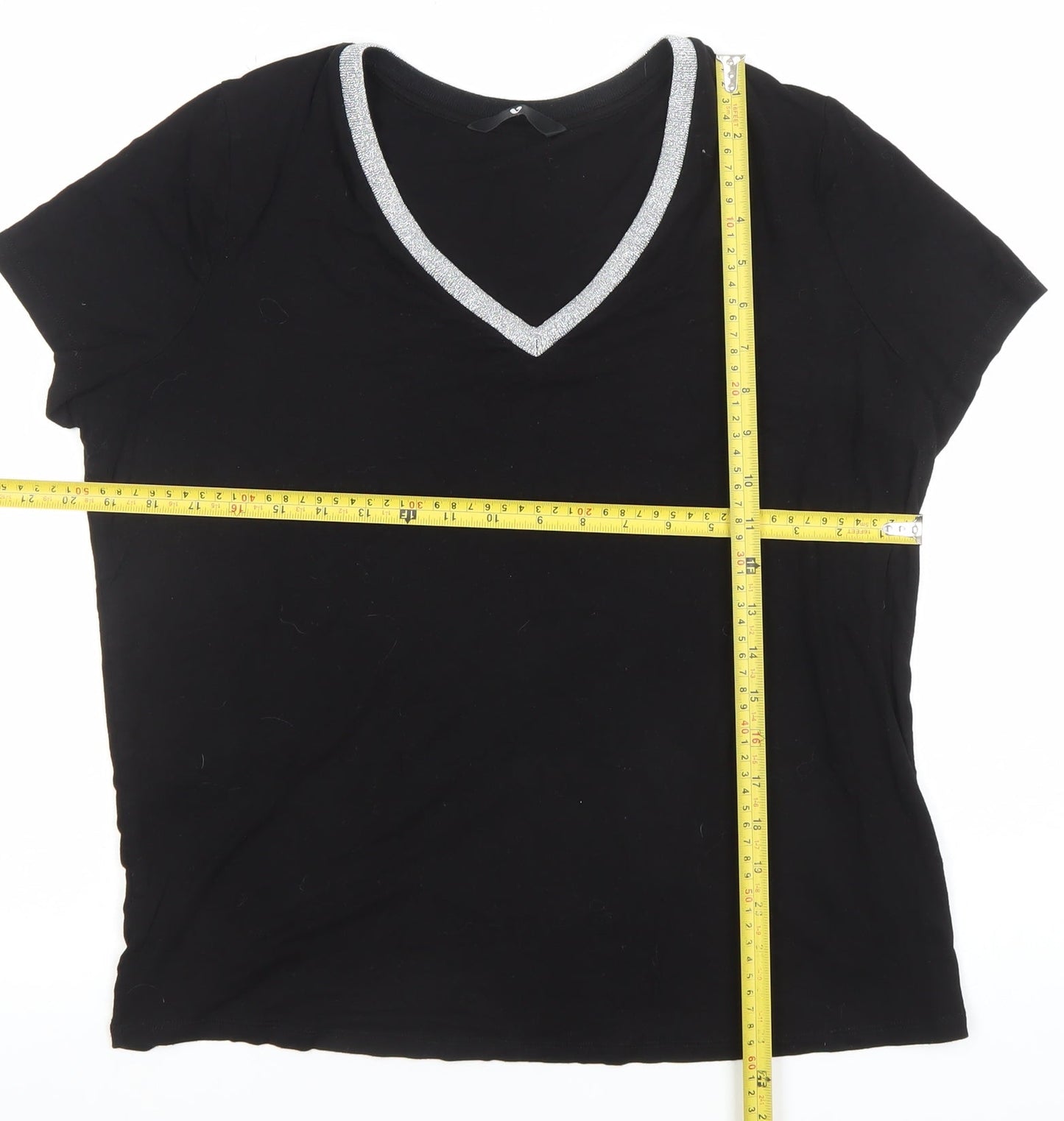 Very Women’s Black Glitter Neckline V-Neck Short Sleeve T-Shirt Size 14