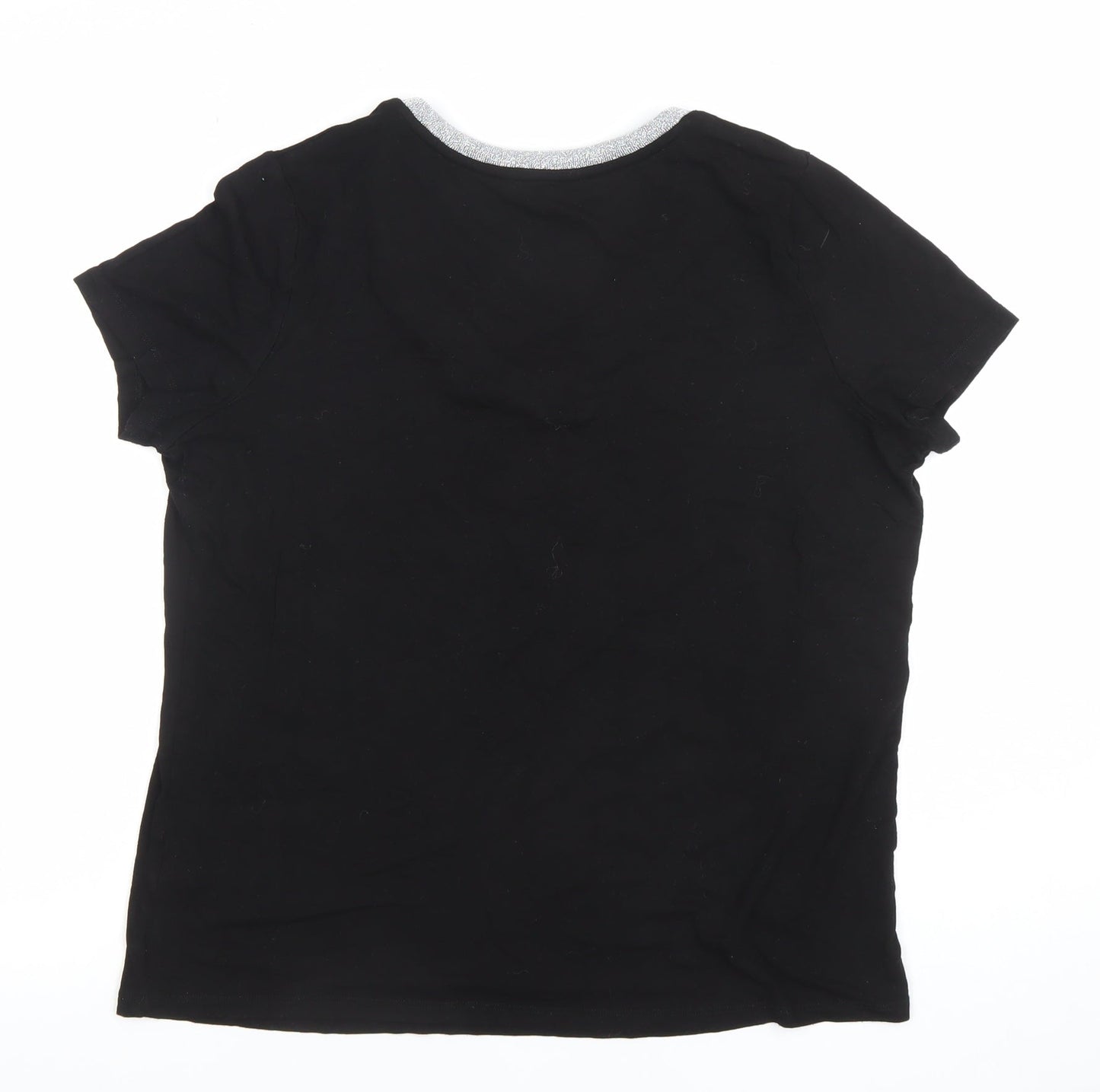 Very Women’s Black Glitter Neckline V-Neck Short Sleeve T-Shirt Size 14