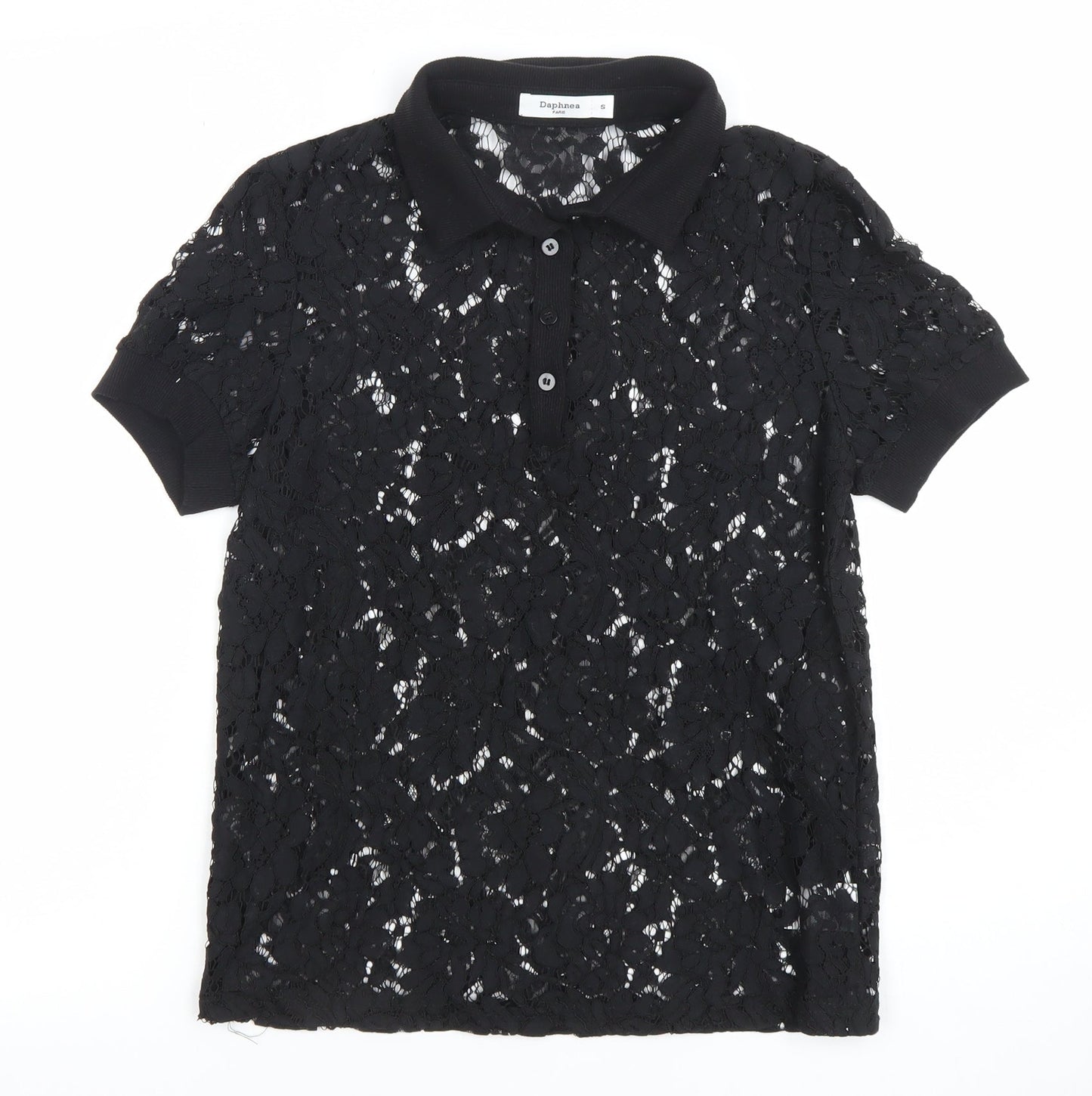 Daphnea Women’s Black Lace Polo Shirt Short Sleeve Size S