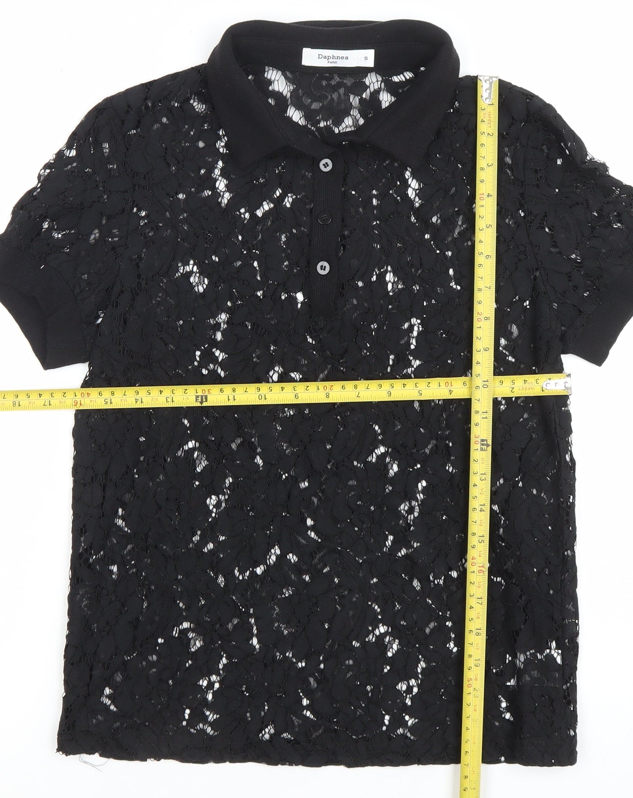 Daphnea Women’s Black Lace Polo Shirt Short Sleeve Size S