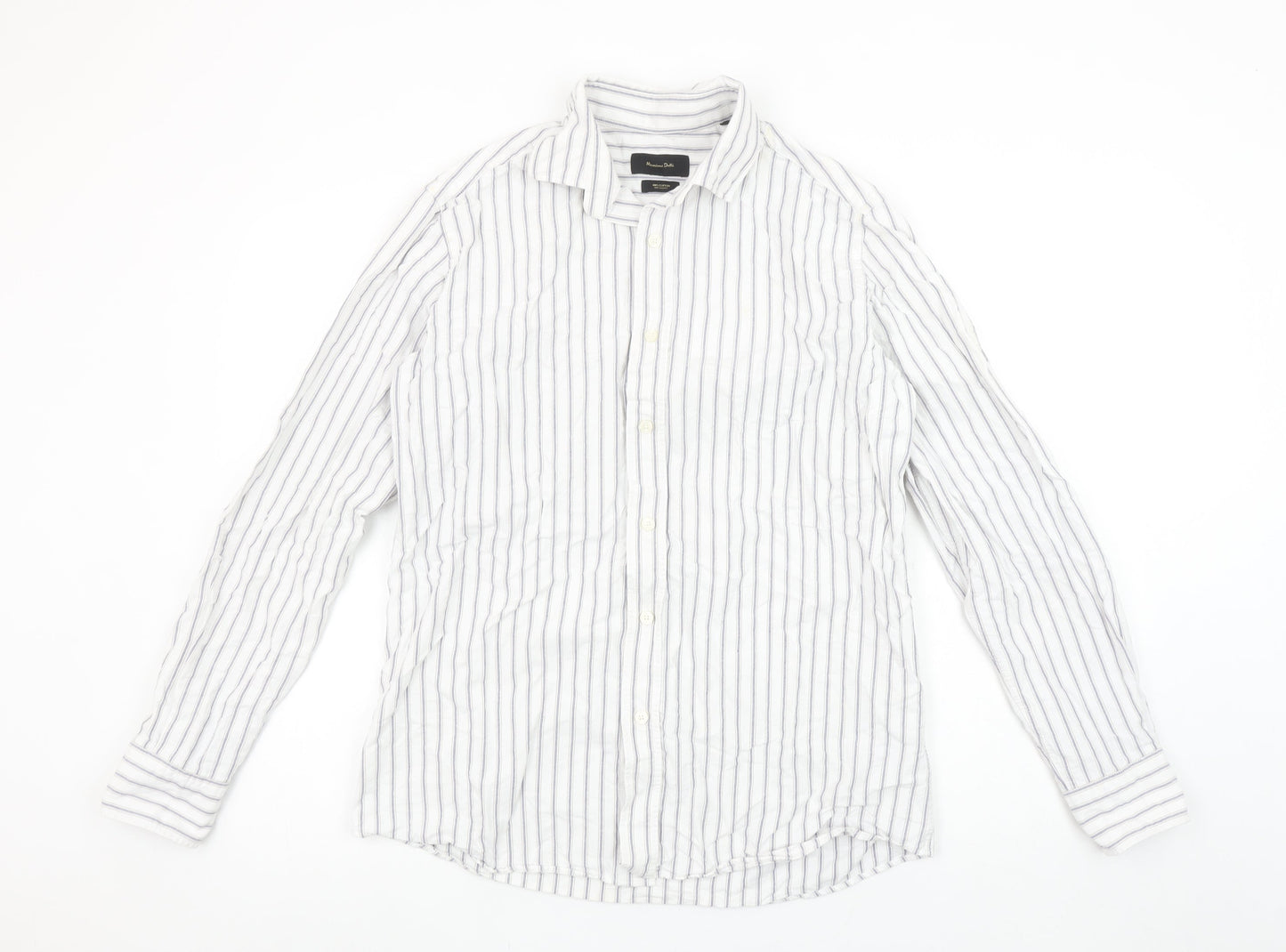 Massimo Dutti Men's White Blue Striped Long Sleeve Cotton Shirt M