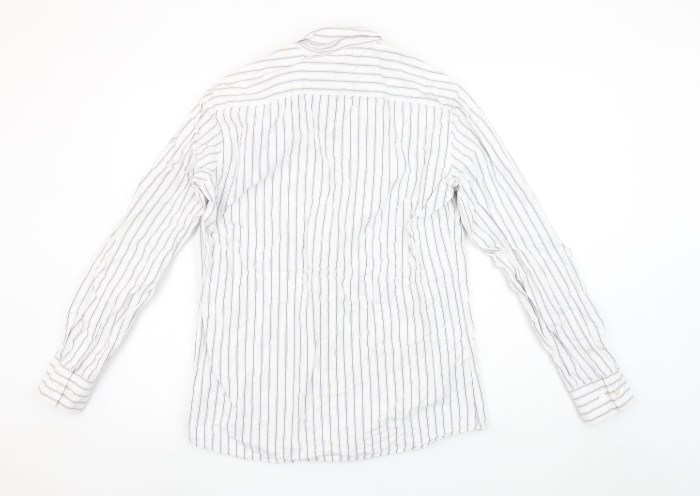 Massimo Dutti Men's White Blue Striped Long Sleeve Cotton Shirt M