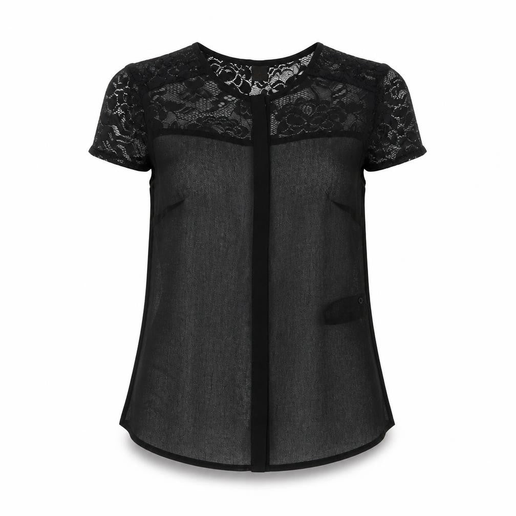s.Oliver Women Black Lace Sheer Blouse Size 10 Short Sleeve