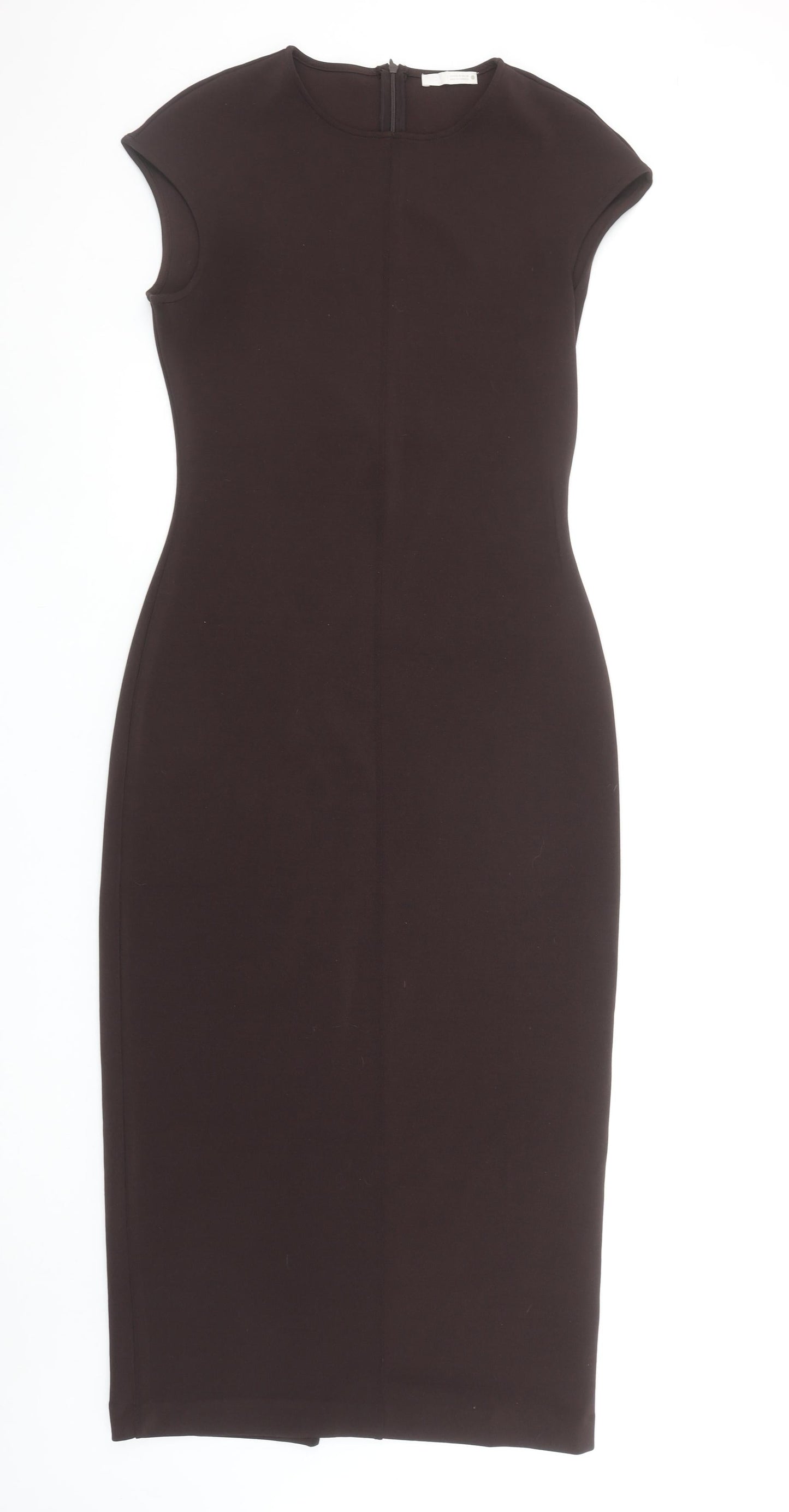 Zara Women Black Midi Sheath Dress M Crew Neck Cap Sleeve