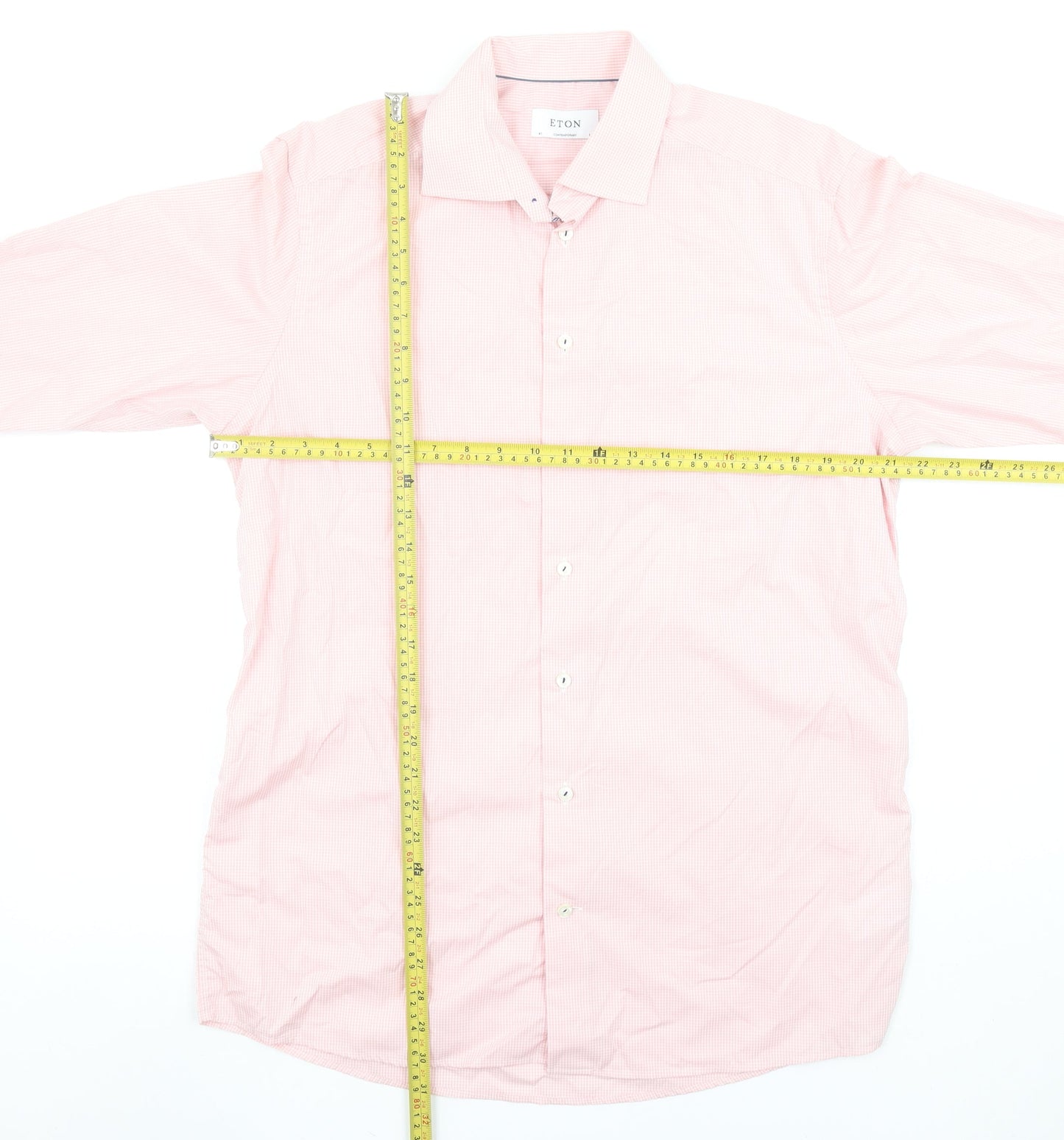 Eton Men's Pink Slim Fit Check Long Sleeve Button-Up Cotton Shirt Size 16