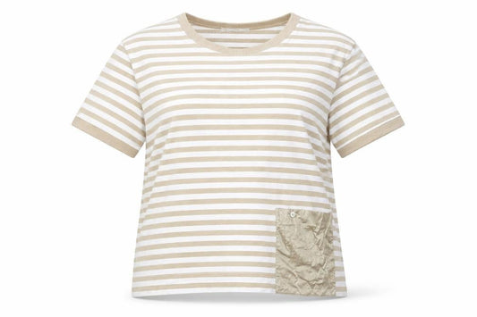 Féria Women’s Beige Striped Short Sleeve Jersey T-Shirt Size 10