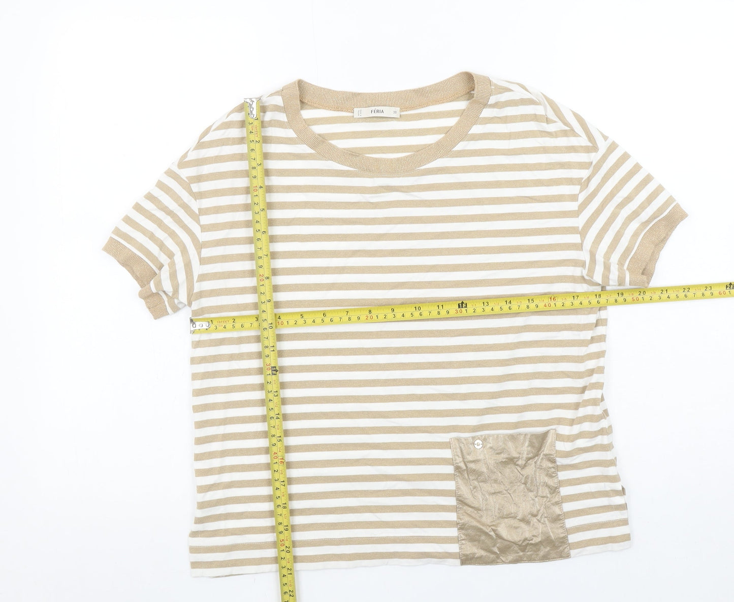 Féria Women’s Beige Striped Short Sleeve Jersey T-Shirt Size 10