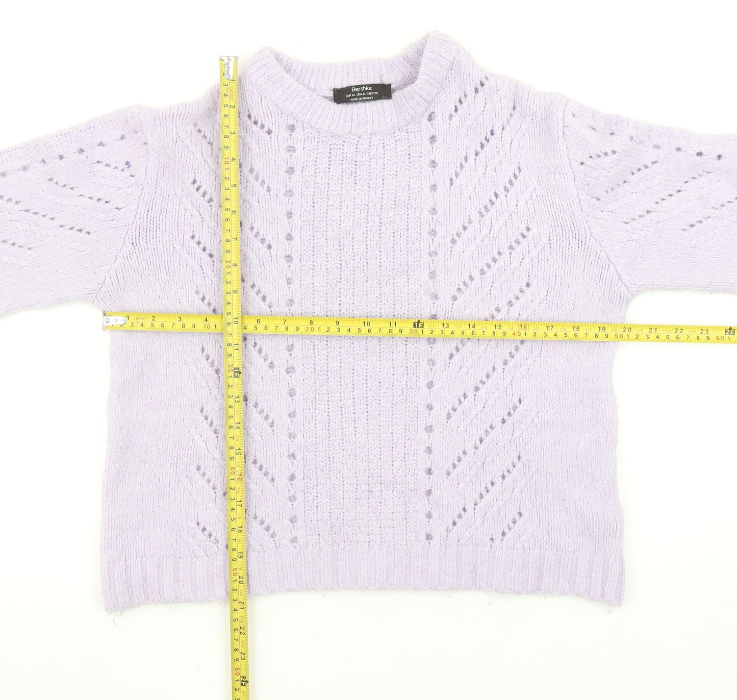Bershka Women’s Purple Mock Neck Open-Knit Jumper Size 12