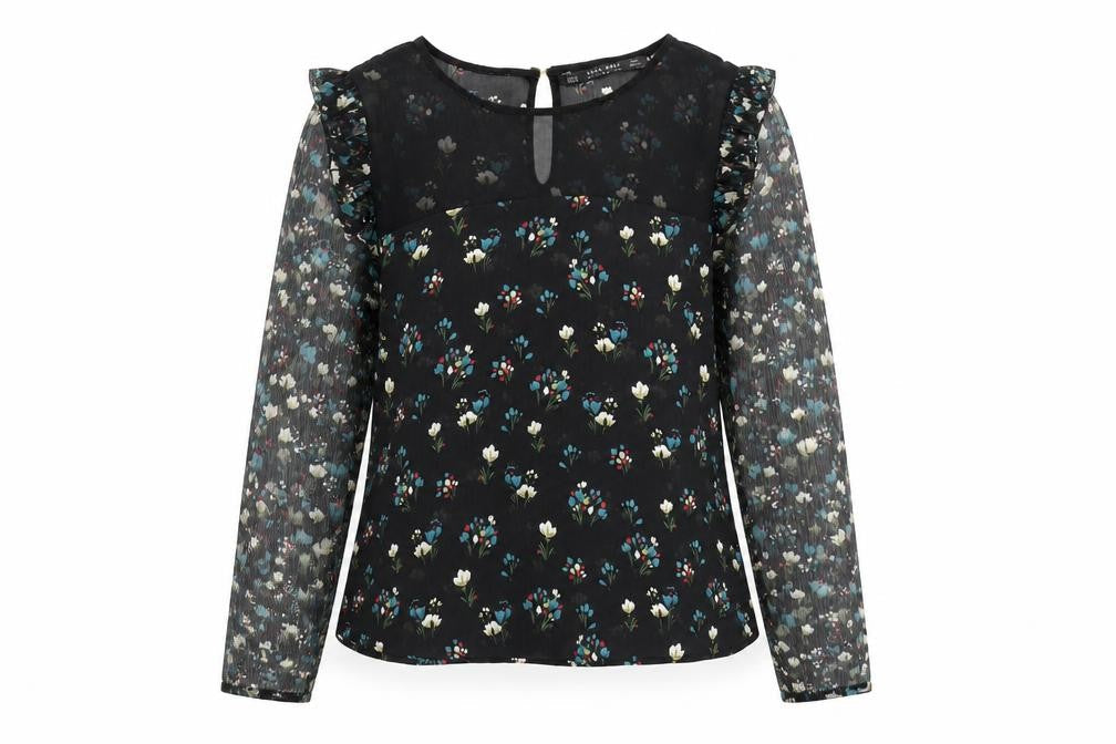 Zara Women’s Black Floral Ruffle Chiffon Blouse XS Long Sleeve