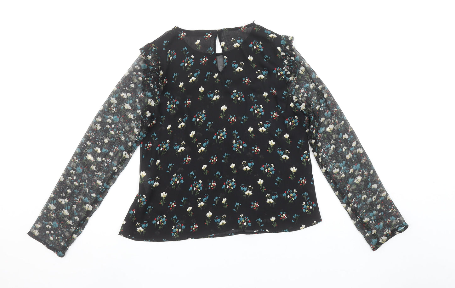 Zara Women’s Black Floral Ruffle Chiffon Blouse XS Long Sleeve