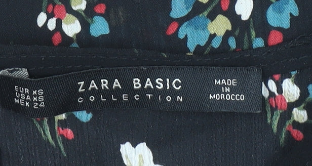 Zara Women’s Black Floral Ruffle Chiffon Blouse XS Long Sleeve