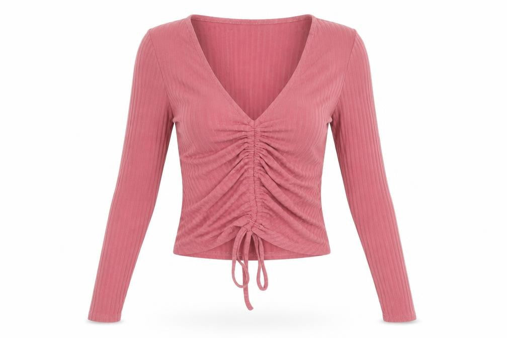 New Look Womens Pink Cropped V-Neck Ruched Long Sleeve Top UK 8