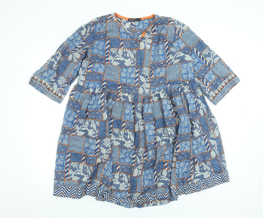 Generation Basic Women Blue Geometric A-Line Knee Length Cotton Dress Size 14