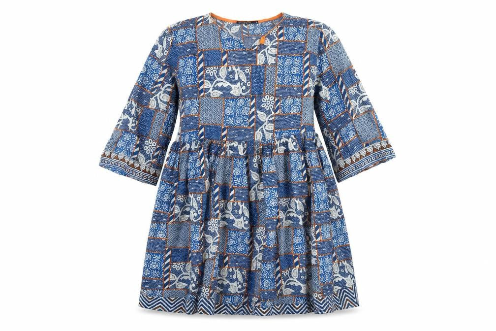 Generation Basic Women Blue Geometric A-Line Knee Length Cotton Dress Size 14